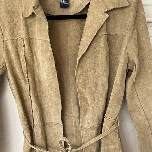 Vintage Blue Asphalt Tan 100% leather Open Front Long Coat Size M - Picture 2 of 16